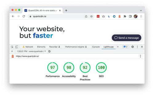 QuantCDN Home Page Lighthouse Scores with Chrome DevTools