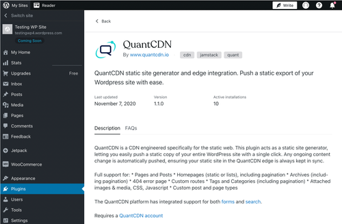 QuantCDN WordPress plugin for static WordPress hosting