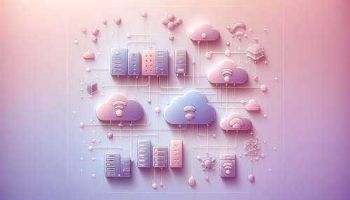 Graphic art representing cloud technologies connected together in pink and pastels