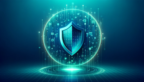 Graphic design representing a web application firewall waf security shield in teals and blues