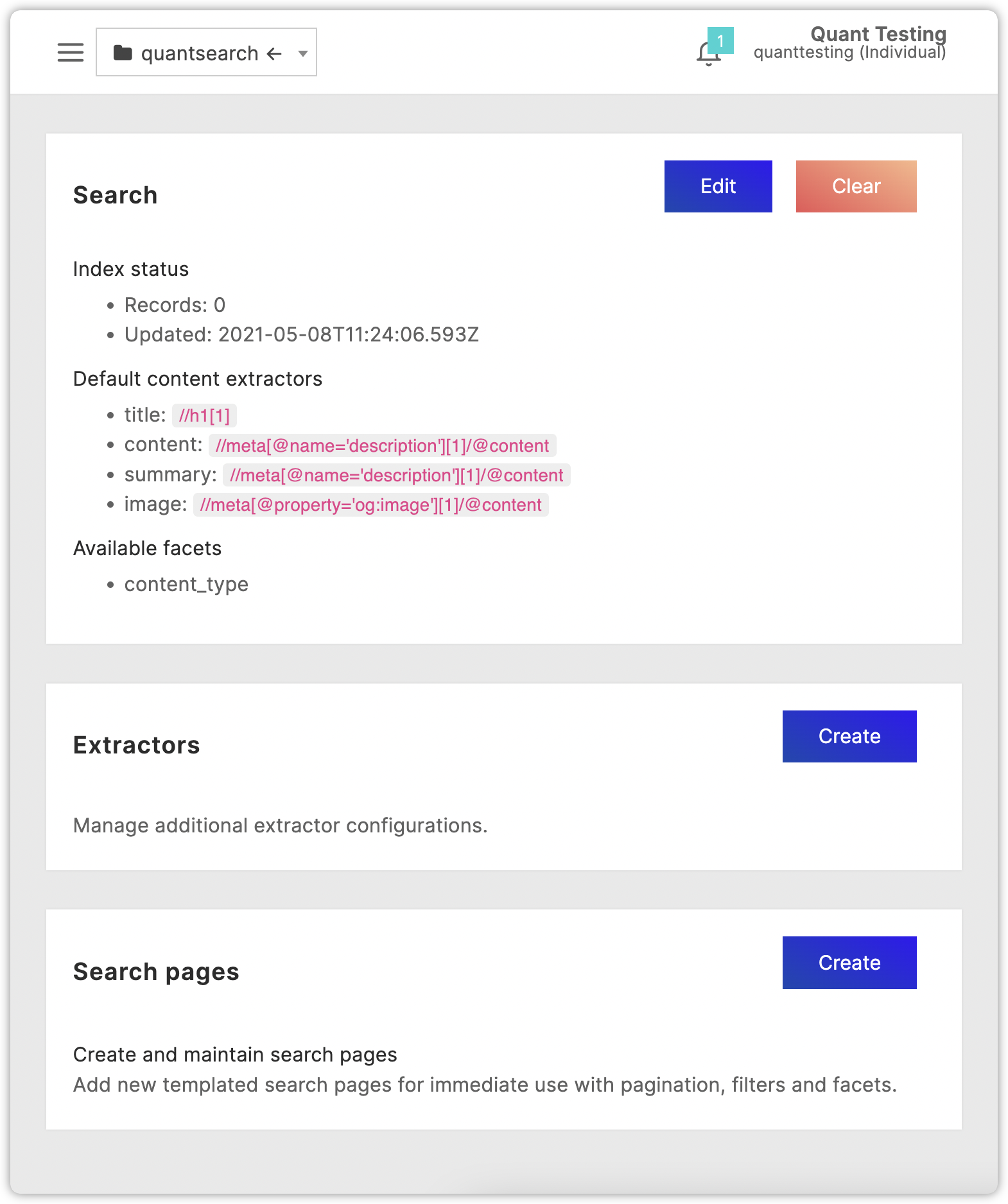 Quant Search in Dashboard with Empty Search Index Status